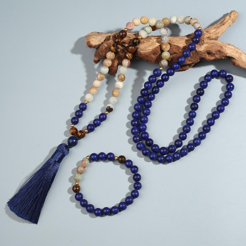 

Pendant Necklaces 8mm Amazonite Lapis Lazuli Tiger Eye Beaded Necklace Bracelet Set Men And Women Meditation Yoga Prayer Rosary Tassel Jewel