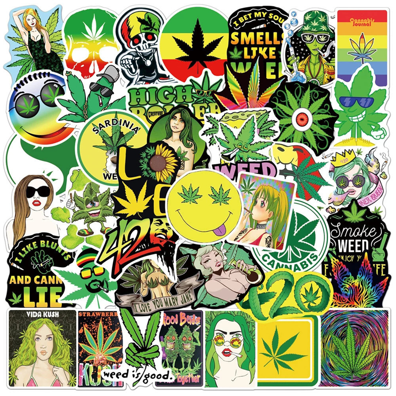 

50pcs Weed Cartoon Sticker Pack for Laptop Skateboard Motorcycle Decals, Multi colors