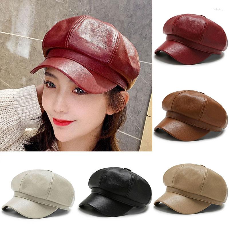 

Berets Women Hat Retro Octagonal Sboy Cap Ladies Solid Plain PU Beret Female Vintage Artist Painter BeretsBerets, 05