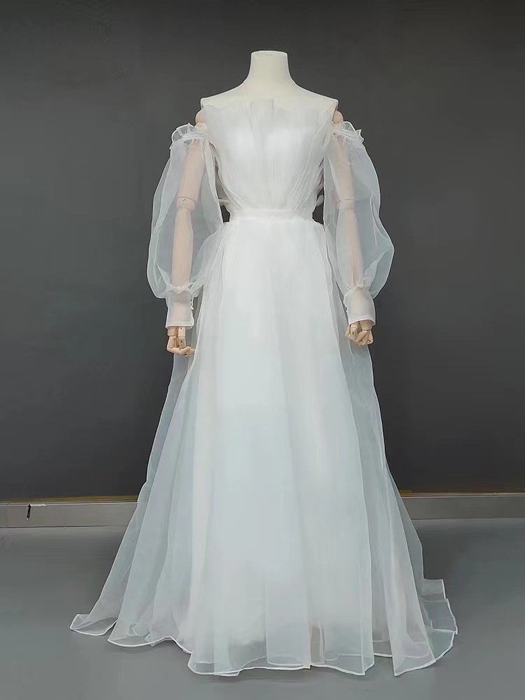 

Simple Beach Recommend White Wedding Dresses Sheer Off Shoulder Wedding Dress Floor Length Long Sleeves for Wedding or Holiday, Champagne