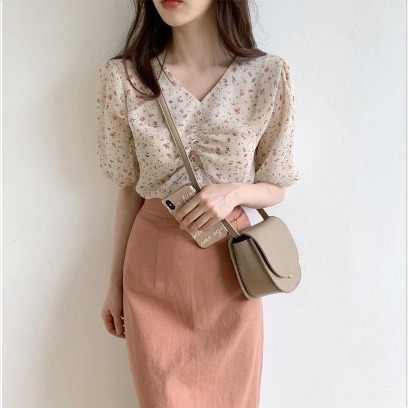 

Women's Tanks & Camis Short Design Chiffon Shirt 2022 Square Collar Blouse Drawstring Super Fairy Sweet Floral Tops Women, White