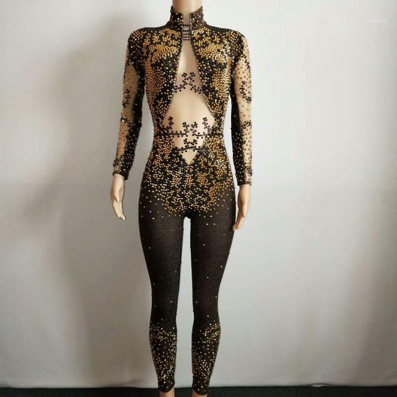 Women's Jumpsuits & Rompers Sexy Golden Stretch Jumpsuit Evening Party Wear Black Rhinestones Bodysuit Costume Prom Birthday Celebrate Outfi