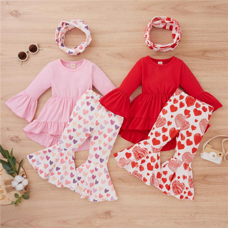 

Clothing Sets Valentines Days Lovely Baby Girls Clothes 3pcs Ruffles Long Sleeve Dress Tops Heart Printed Flare Pant Scarf 0-4Y, White