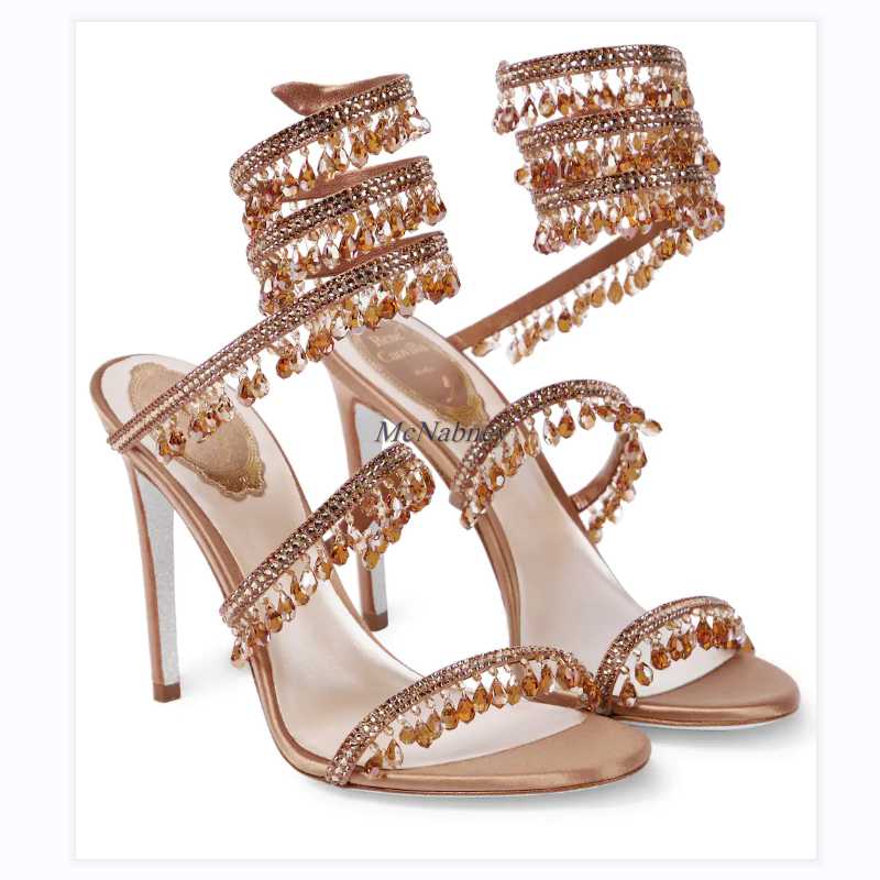 

Sandals McNabney 2022 Women Chandelier Embellished Satin Snake-like Ankle Straps The Shimmering Crystals Handmade, As photo