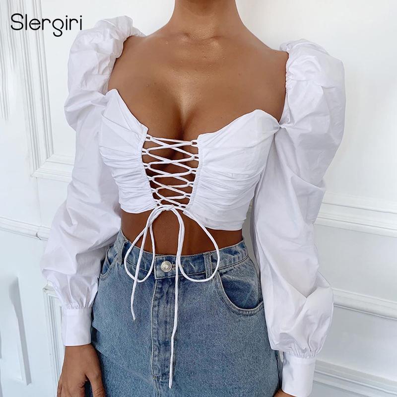 

Slergiri White Square Collar Lace Up Crop Top Women Spring Summer Puff Long Sleeve Backless Sexy Streetwear Ladies Blouses Women' & Shirts