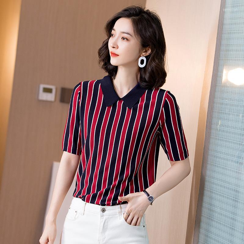 

Women' Sweaters Knitted Pullovers Women 2022 Summer Ice Silk Short Sleeve Fashion Chic Striped Pullover Jumpers Pull Femme Knit Top Kenn22, As pic