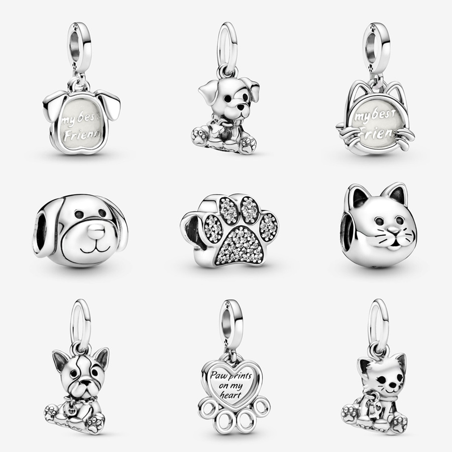 

925 Sterling Silver Dangle Charm Dog Puppy Cat Paw Pendant Bead Fit Pandora Charms Bracelet DIY Jewelry Accessories