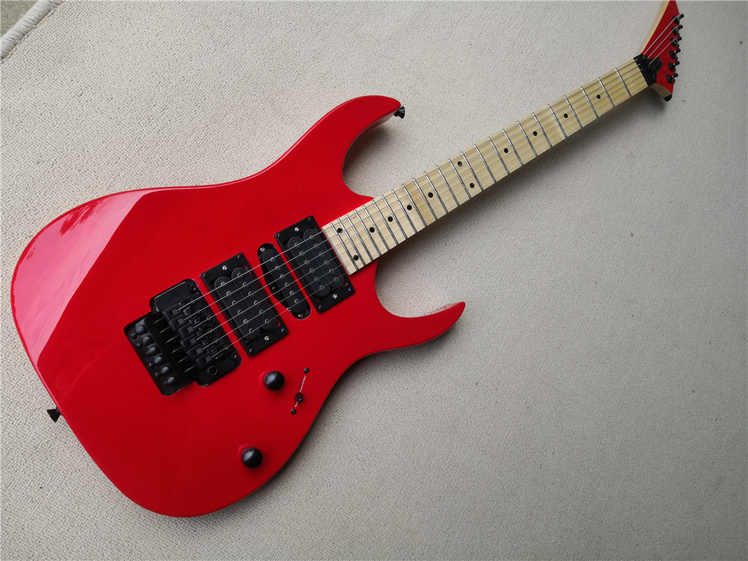 Classic electric guitar, jack guitar, red body, black double tremolo bridge, HSH pickups, maple neck-image-759548045