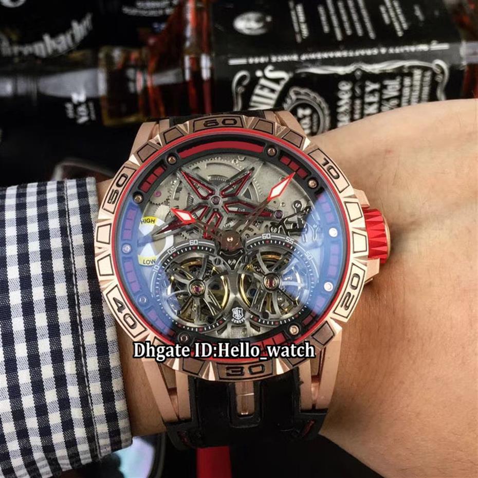 

Brand Excalibur 46 Double Tourbillon Silver Dial Red Ring Skeleton DBEX0657 Automatic Mens Watch Rose Gold Case Rubber Strap Gents289v, Rd-a13a