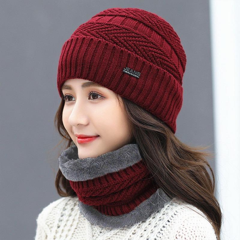 

Berets Women Knitted Hat Scarf Sets Plush Warmer Winter Neck Hats For Skullies Beanies Outdoor Ski Mask Warm Fleece Cap 6 ColorsBerets, A-4-2pcs