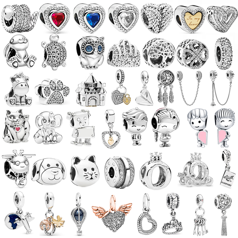 Breloques en argent Sterling 925, couleur argent, chat porte-bonheur, chaîne de sécurité, patte de chien, couronne, hibou, amour, pendentif en pe