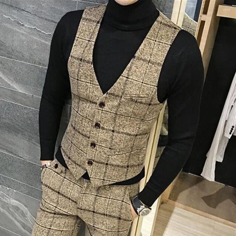 

Men Wool Thick Winter Woolen Fashion Plaid Vest Male Formal Business Dress Suit Slim Fit Waistcoat Men's Vests, Yellow