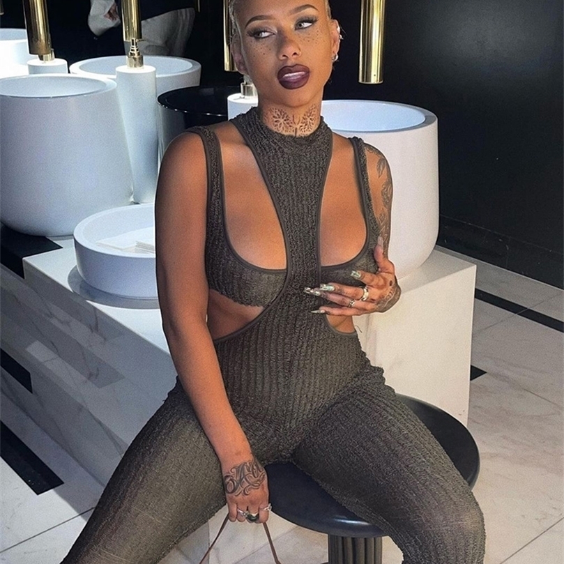 

WannaThis Women Knitting Hollow Out Halter Jumpsuit Sexy Casual Skinny Autumn Streetwear Fitness High Waist Solid Mujer 220607, Coffee