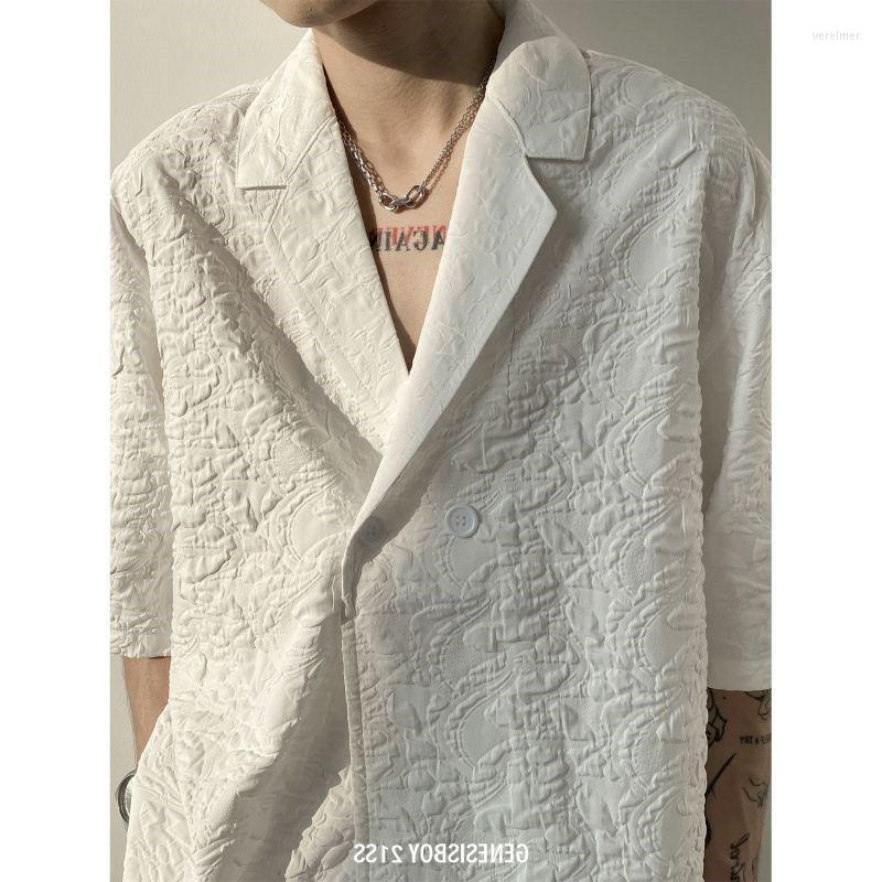 

Men' Dress Shirts Summer Slant Button Half Sleeve Minority Embossed Pattern Pajama Collar Loose Lazy Wind Short ShirtMen' Vere22, Beige