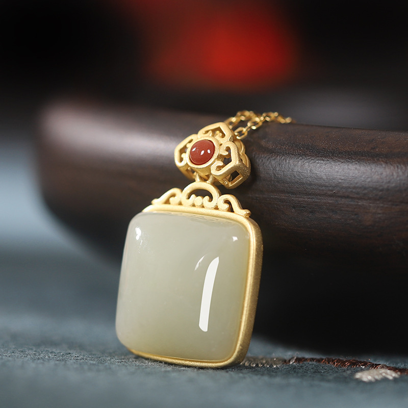 

S925 Sterling Silver Necklace Women's Ancient Gold Inlaid Hotan Jade Square National Style Pendant Clavicle Chain Jewelry