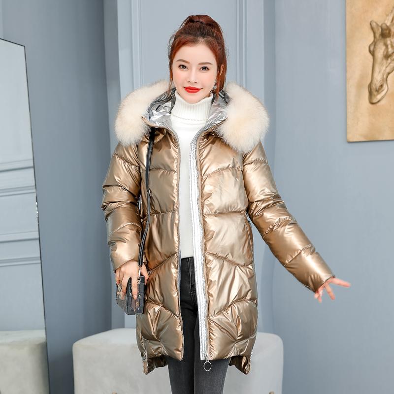 

Women's Trench Coats Winter Solid Parkas For Woman Casual Thick Ladies Jackets Hooded Fur Loose Female Puffer Shiny Padded Cotton Women Park, Blue