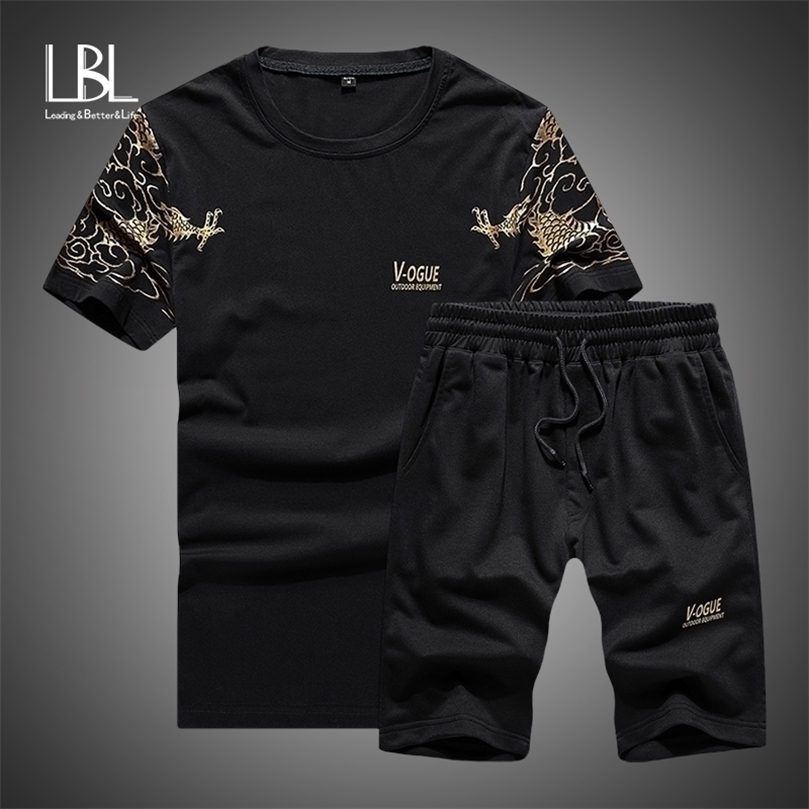 

Summer 2PC Set Men EUR/US Size Short Sleeve T Shirts Two Piece Tops Shorts Suit Sportswear Set Mens Short Sets Male Tracksuit 201128, Black tz37