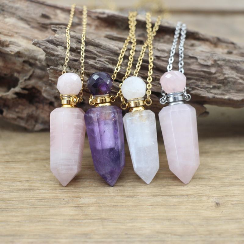 

Pendant Necklaces Amethysts Rose Quartzs Hexagonal Point Perfume Bottle Necklace Natural Crystal Essential Oil Vial Charm Jewelry QC1061Pend