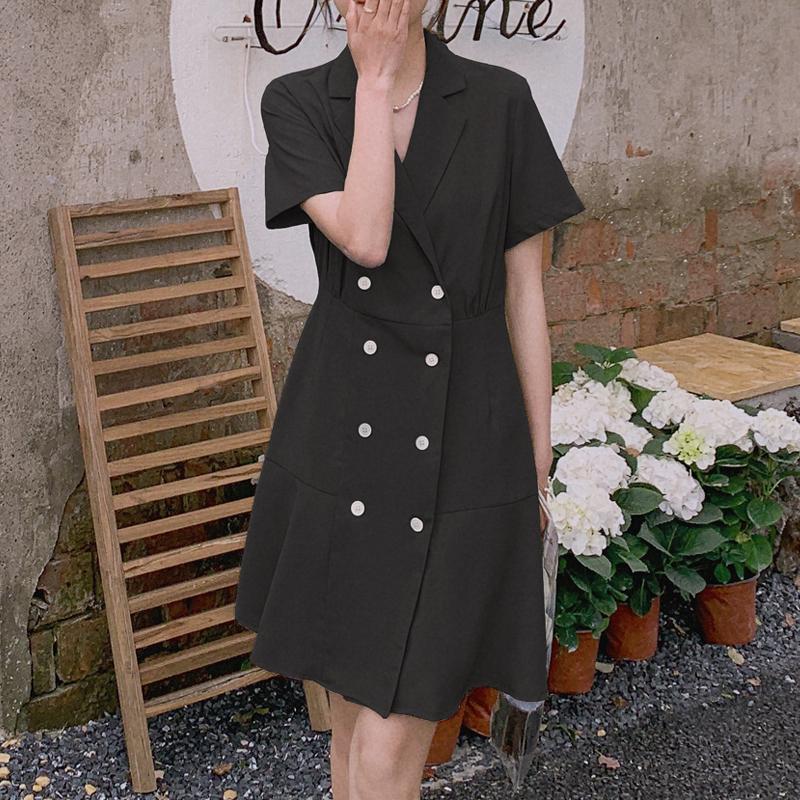 

Women' Suits & Blazers Summer Office Lady Solid Casual Long Thin Blazer Dress Women Short Sleeve Notched SlimJackets Female Double Breasted, Black