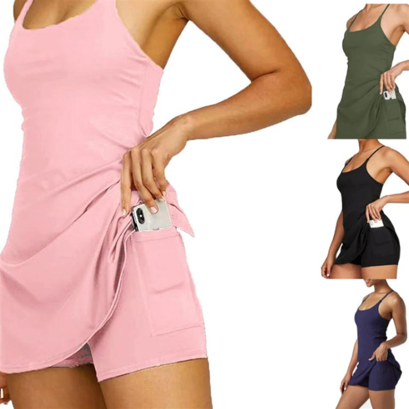 

women's Athletic Tennis Dresses with Shorts Pocket Workout Dress for Golf Sportwear Exercise Dress221U, Black