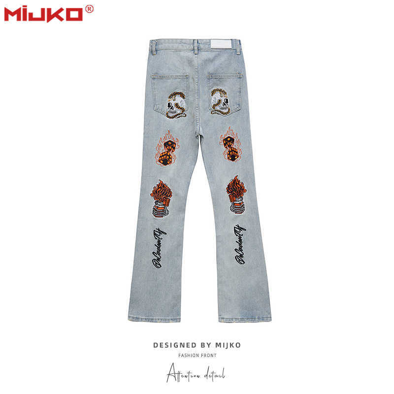 

Men' Jeans Mijko men' wear women' autumn and winter new skeleton embroidery micro wide legged trousers men' and women' black and blue trendy jeans