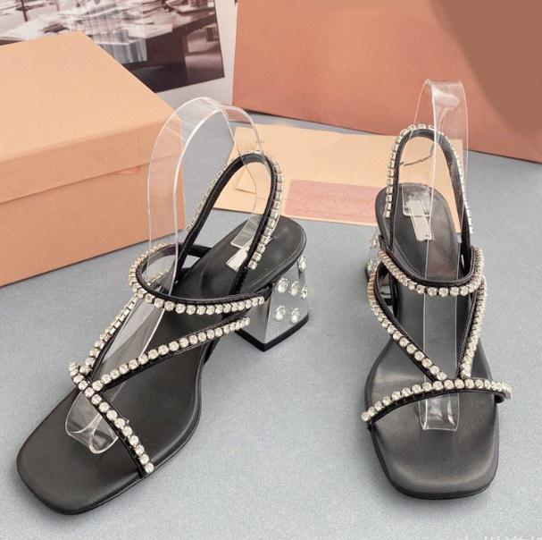 

Miu rhinestone chain high-heeled sandals women's word with new sexy open-toe thin strap thick heel banquet wedding silver Ladies high heels Sandals, Black