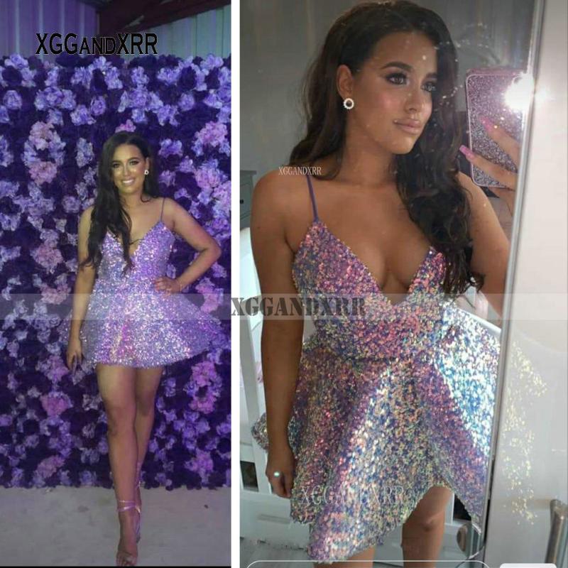 

Party Dresses Sparking Short Prom Dress Pink Sequins Girls Birthday Gown V Neck Spaghetti Backless Homecoming DressParty, Black