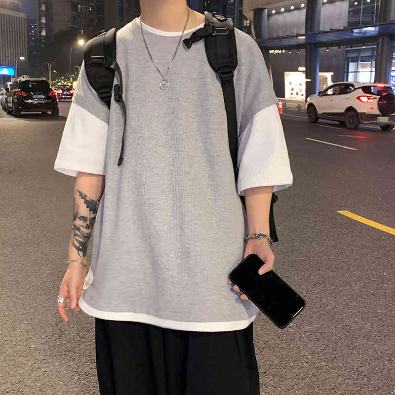 

Summer short round neck ins fashion brand loose fake two youth half sleeve top large men's T-shirt, White
