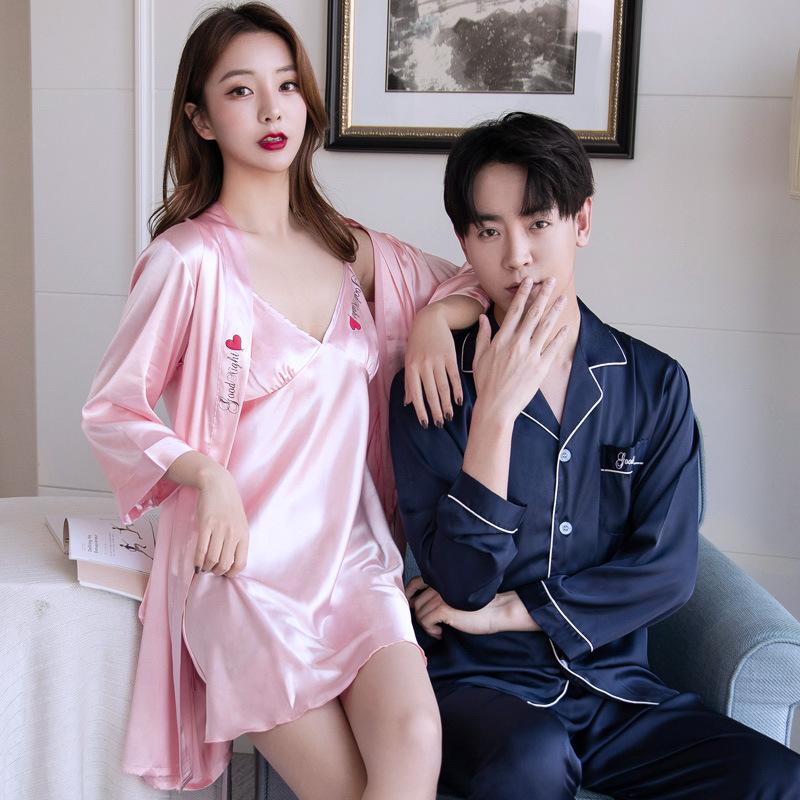 

Men's Sleepwear Couples Pajama Sets Women's Sexy Sling Silk Nightgown Plus Size Men's Summer Thin Satin Ice Sleep Dressing GownMen's, Women pink