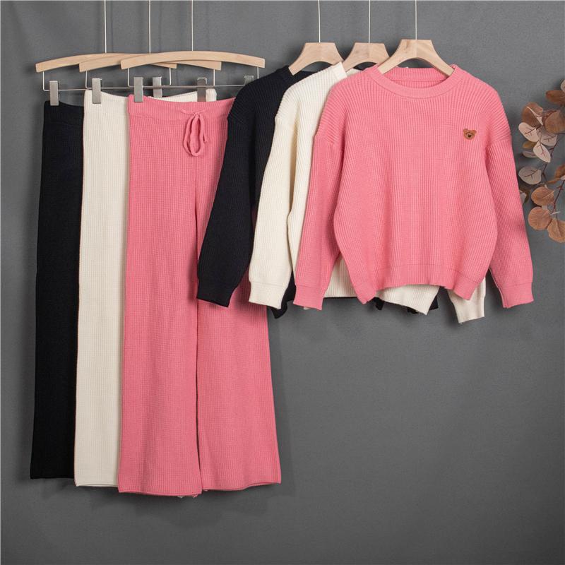 

Women's Two Piece Pants 2022 2 Set Woman Wide Leg Knitted High Quality Winter Autumn Casual Thick Warm Soft Fashion Elegant Loose Suit, 2 piece set