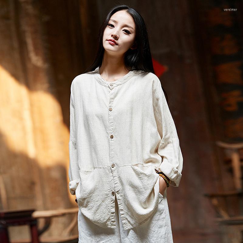 

Women's Blouses & Shirts Autumn Long Sleeve Linen Pocket Shirt Women Chinese Style Vintage Blouse 2022 Solid O-neck TopsWomen's Vere22, Beige