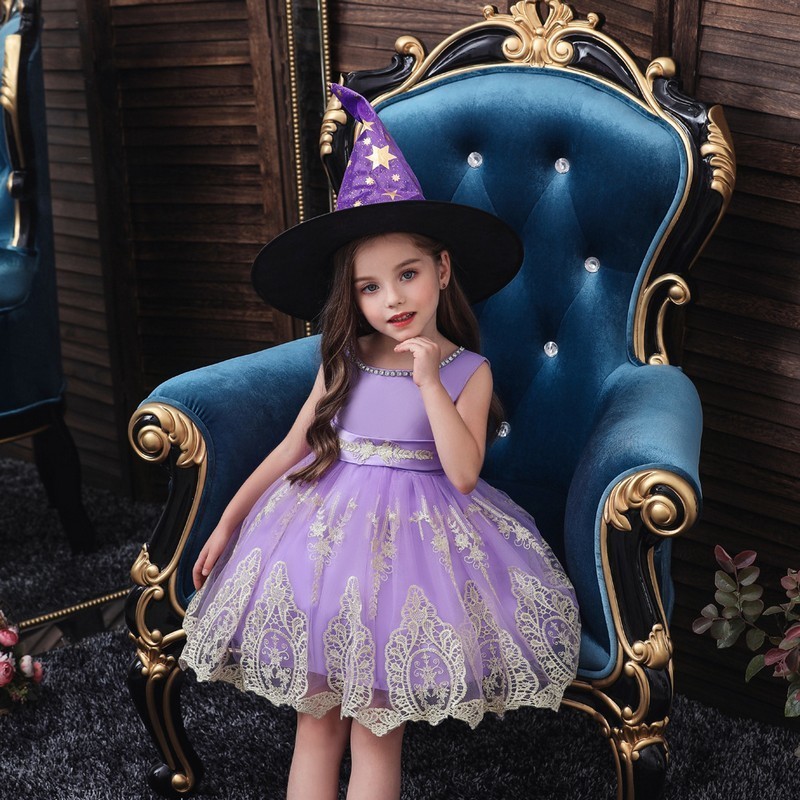 

Halloween Black Embroidery Princess Dress and Hat for Baby Girls Children Costume Clothes 310 Years Girls Christmas Dresses 220614, Purple