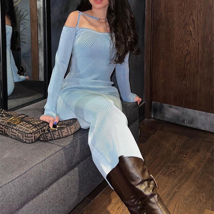 

Dulzura Solid Ribbed Women Long Sleeve Off Shoulder Strap Midi Dress Bodycon Sexy Streetwear Party Club Festival Evening 220816, Auburn