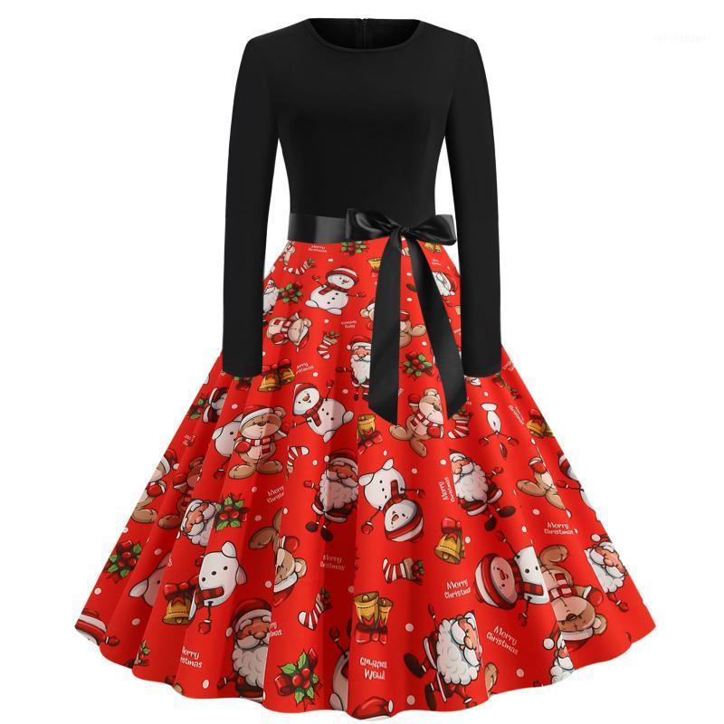 

Casual Dresses 2022winter Women Christmas Dress Sexy Long Sleeve Vintage Midi Party Vestidos Robe Femme Santa Snowflake Print Xmas Clothes, Red