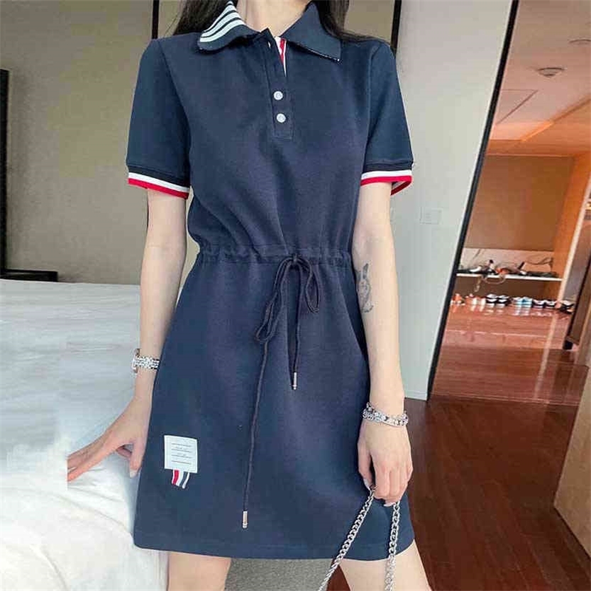 

2022 High Quality new special offer Summer lapels four bar waist belts POLO long skirt TB college wind back colored ribbon dress tide, Tb lace up dress white