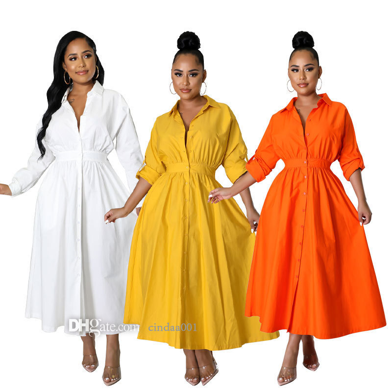 

Summer 2022 New Large Womens Shirt Dress Solid Long Sleeve Women's Slightly Fat Shirts S-XXL, Yellow