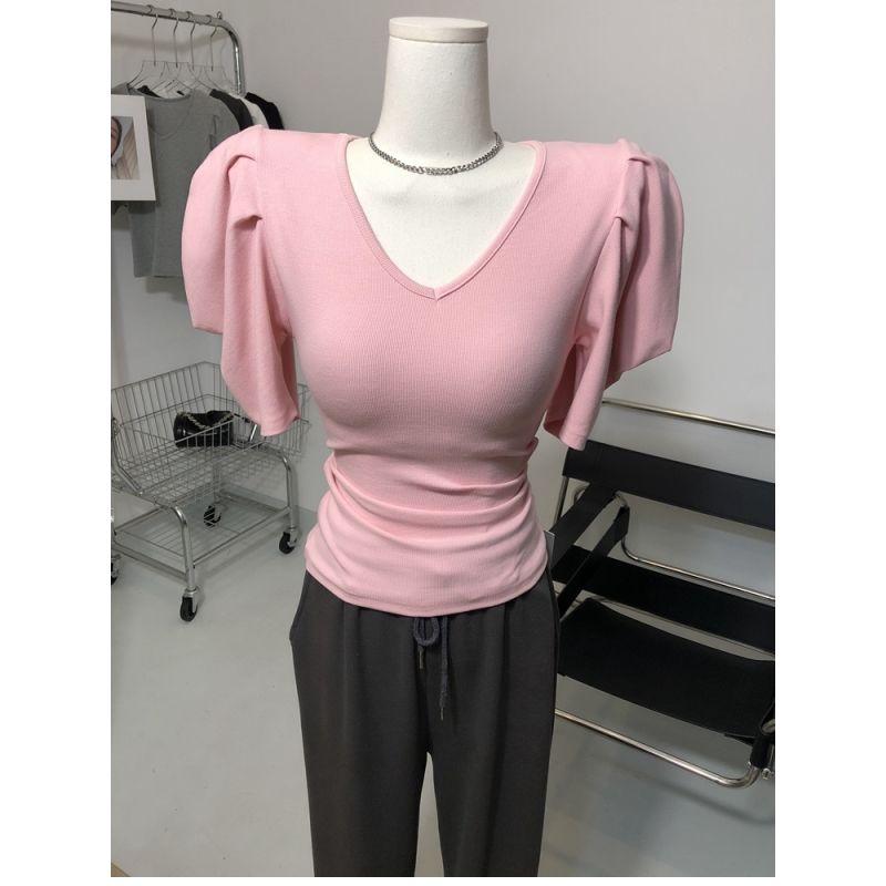 

Women' T-Shirt Sweet Style Knitted Women T-Shirts Summer 2022 Solid Puff Sleeved Slim Elastic Elegant Female Pulls Outwear Tops TeesWomen, White