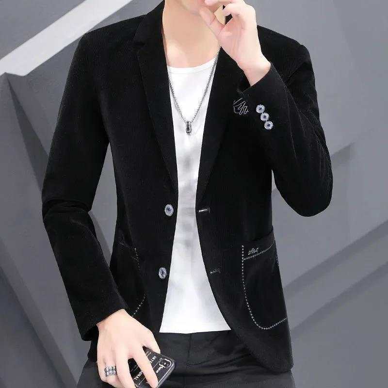 

Men's Suits & Blazers Corduroy Blazer Men Coat Spring Autumn Single-Breasted Long Sleeve Tops Bleiser Masculino Korean Casual Male Suit Jack, Black