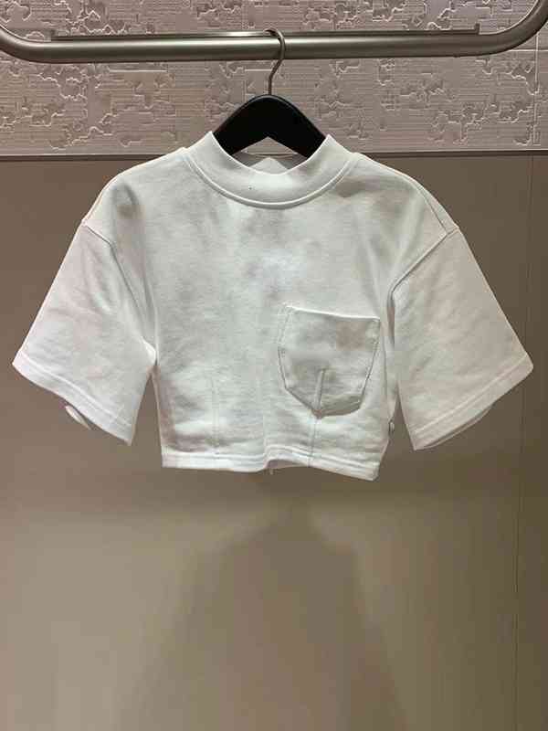 Women's T-Shirt Aw King spring and summer slim fitting white short sleeve T-shirt stitching waist half height collar exposed belly button to-image-769237124