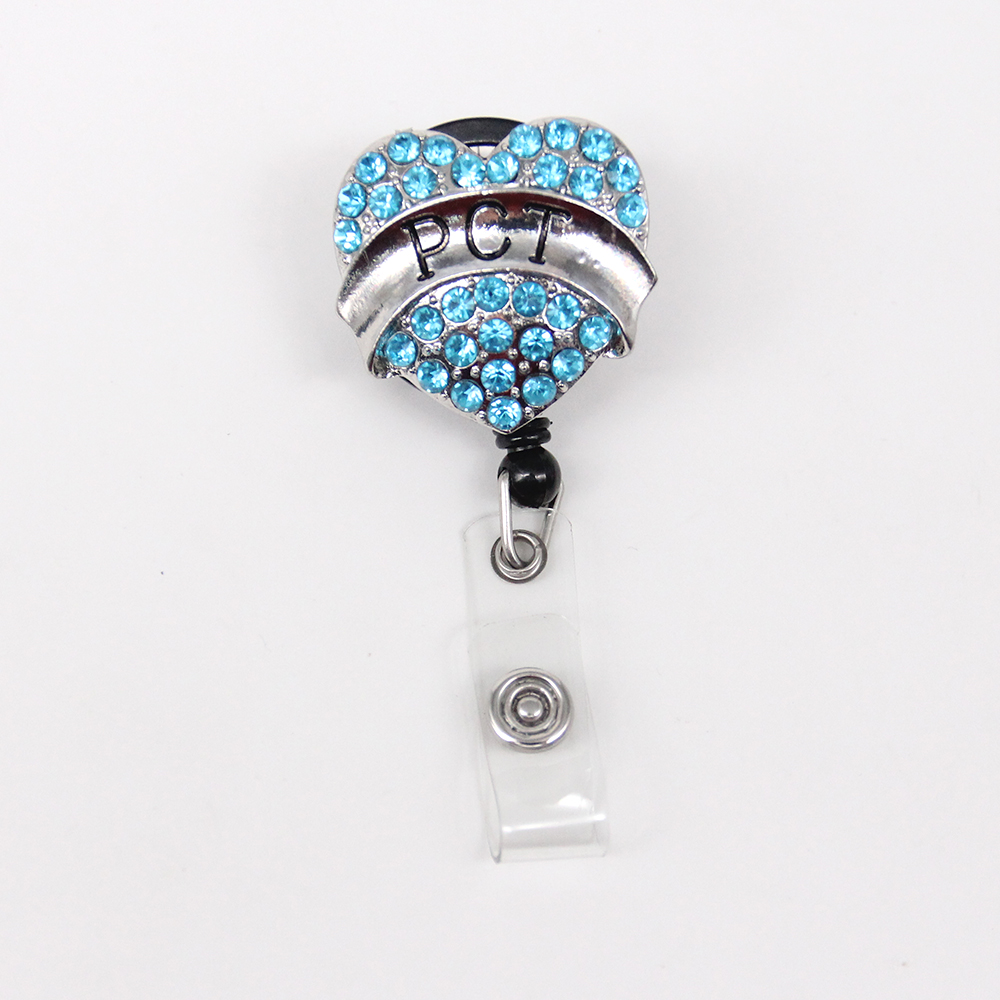 5pcs Key Rings Medical Sparkly Rhinestone Nurse Blue Heart Retractable PCT Badge Reel Holder For Gift-image-407913521