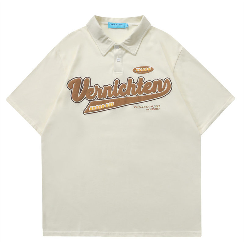 

Polo Shirts Foaming Printing Letters Turn-down Collar Cotton T-shirt Men's Clothing Streetwear Casual Oversized T Shirt for Men, White