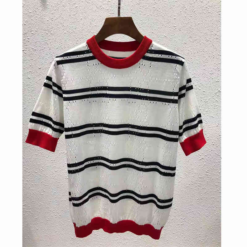 Women's Knits Tees spring and summer products hollow out color contrast double stripe round neck Tencel Top Casual Short Sleeve Sweater women