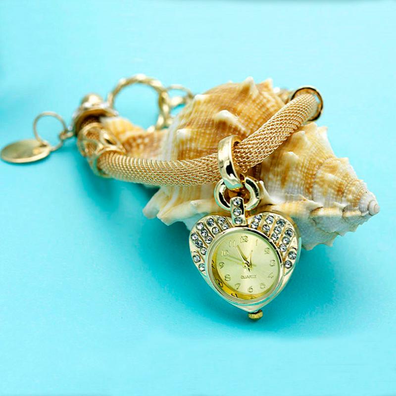 

Wristwatches Shsby Steel Wire Mesh Belt Bracelet Watch Heart-shaped Women Dress Watches Fashion Charms Female Jewelry Wristwatch, Gold