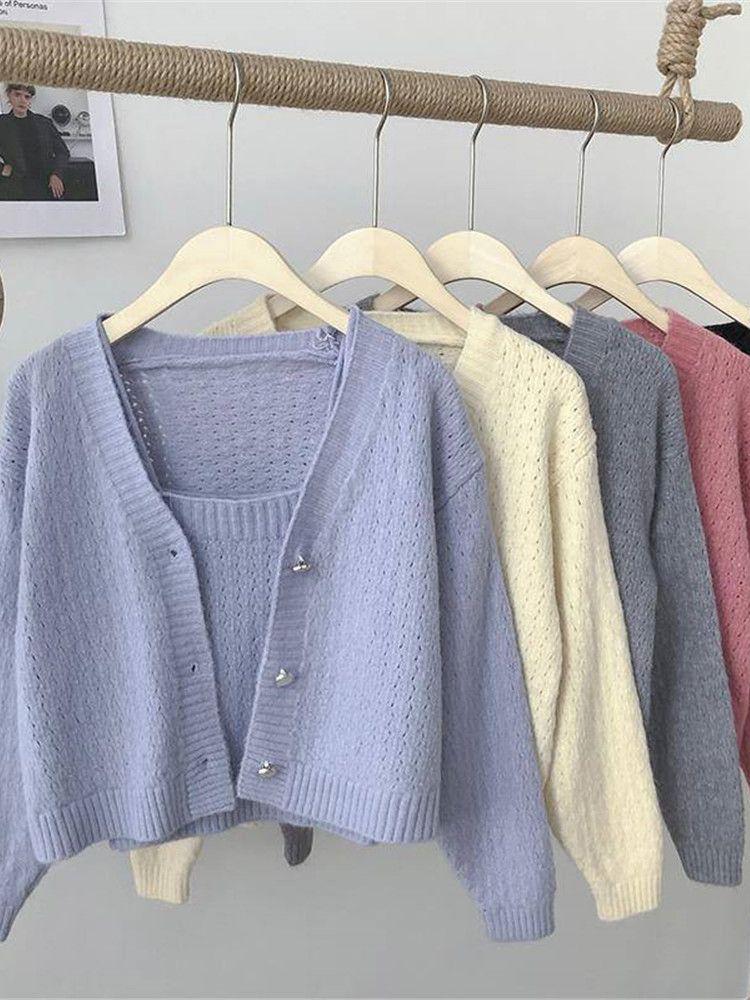 

Women's Knits & Tees Autumn Loose Single-breasted V-neck Long-sleeved Knitted Cardigan Womens Korean With Two-piece Short Layered Vest Cardi, Black