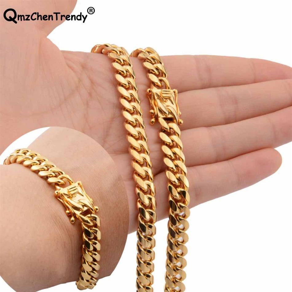 

8mm Hip hop Mens Chain Miami Curb Cuban Necklaces Bracelets 316L Stainless Steel Hip Hop Golden Curb Men Boy Jewelry sets274H, Gold