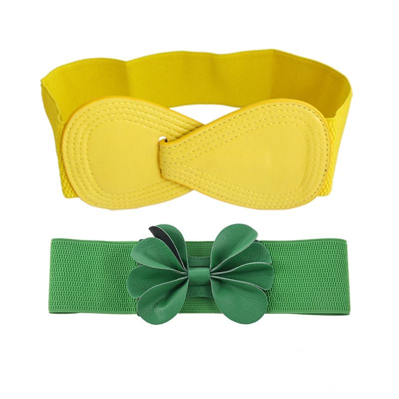 

Belts Kf-2 PCS Belt: 1 8-Shaped Faux Leather Buckle Elastic Belt Yellow & Green Flower 7.5Cm Wide C, Black