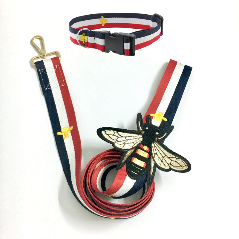 

Dog Collars and Leashes Set Cute Bee Embroidery Designer Dog Collar Seat Belts Nylon Pet Leash Harness For Small Large Dogs French Bulldog Poodle Shepherd 40