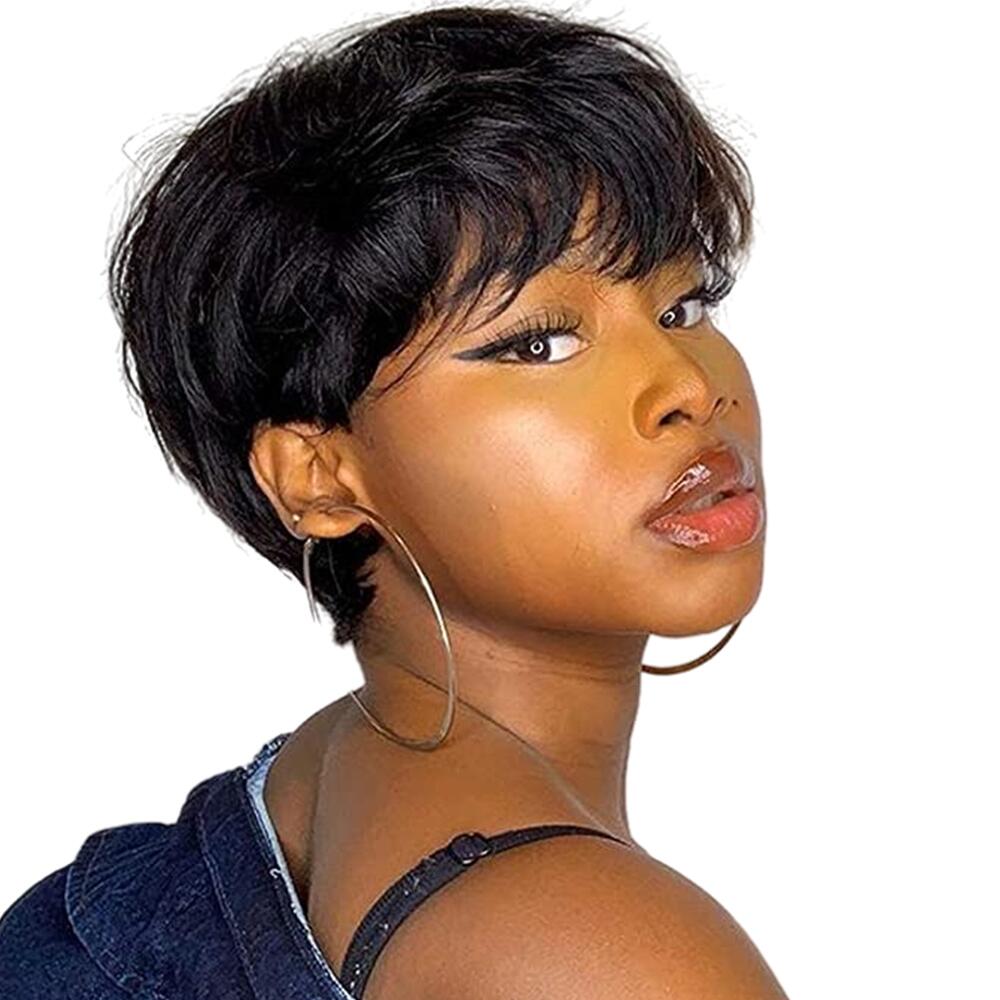 

Short Pixie Cut Straight Hair Peruvian Remy Human Hair Wig For Women Full Machine Made Wigs With Bangs Black Summer, 1b#