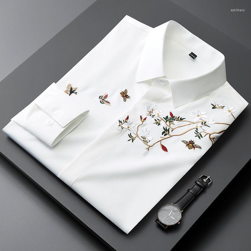 

Men's Dress Shirts Spring Embroidered Shirt Men's Long-sleeved Iron-free Anti-wrinkle Slim Trend Business Top Casual ShirtMen's Sybi22, Black