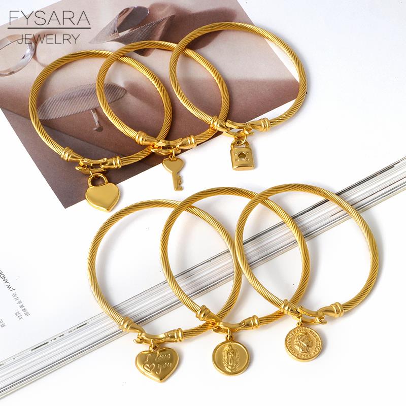 

Titanium Stainless Steel Cable Wire Cuff Bracelets Key Lock Bangles For Women Wrist Pulseiras Gold Charms Lover Jewelry